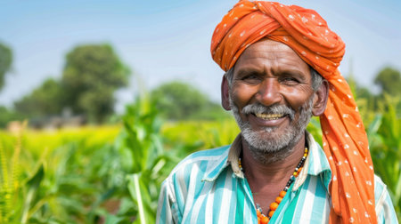 A cheerful farmer wearing an orange turban stands in a lush green field, showcasing rural life and agricultural pride under the bright blue sky.の素材