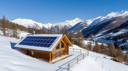 A delightful log cabin equipped with solar panels rests gracefully in a snowy winter landscape, framed by majestic mountains and a brilliant blue sky.の素材