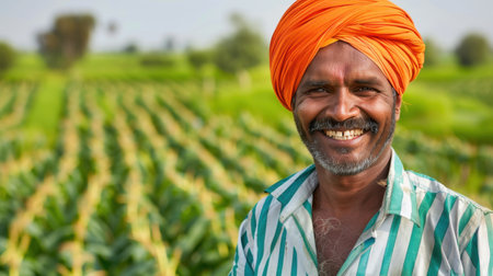 A joyful farmer wearing an orange turban smiles brightly amidst a field of lush green banana plants. The scene captures the essence of rural agriculture and community spirit, showcasing the hard work and dedication of farmers in a vibrant natural setting.の素材