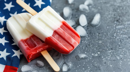 A vibrant image of red, white, and blue popsicles resting on a rustic surface, surrounded by ice and a flag, ideal for summer celebrations and holidays.の素材
