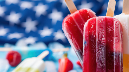 This vibrant image features colorful ice pops with fruity flavors against a striking blue background adorned with stars, perfect for summer enjoyment and festivities.の素材