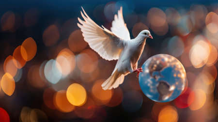 A captivating image of a white dove soaring while holding a globe, set against a vibrant, colorful bokeh background, symbolizing peace and harmony.の素材