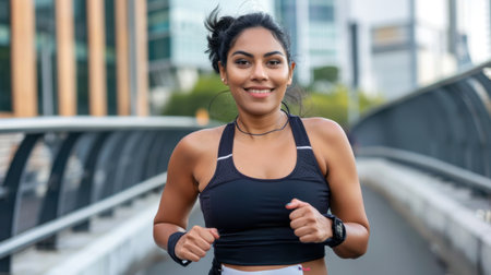 A young woman jogging through an urban landscape, showcasing her athletic spirit and passion for fitness. Her smile radiates health and positivity.の素材