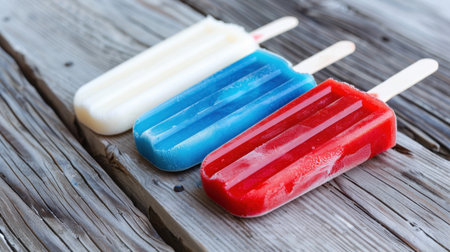 Vibrant red, blue, and white popsicles sit on a rustic wooden surface, representing a refreshing treat for hot summer days, perfect for outdoor gatherings.の素材