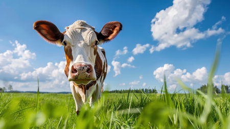 A charming cow stands in a lush green field, framed by a stunning blue sky filled with fluffy clouds. This picturesque scene captures the essence of rural life and nature.の素材