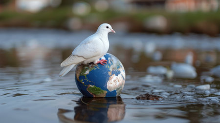A serene white dove perched on a globe amidst calm waters symbolizes peace and unity. This stunning image captures the essence of harmony in the environment.の素材