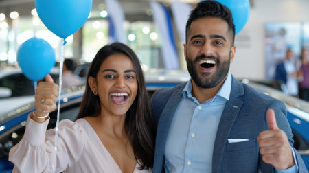 A joyful couple celebrates their new car purchase at a modern dealership, surrounded by vibrant blue balloons, embodying happiness and success.の素材