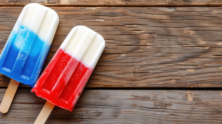 A close-up view of vibrant red and blue ice pops on a rustic wooden surface, perfect for summer celebrations, outdoor parties, and nostalgic memories.の素材