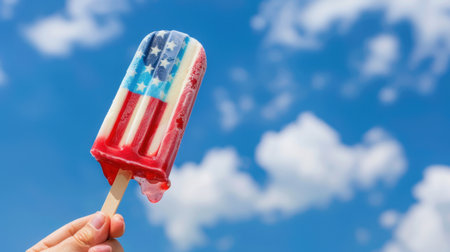 A vibrant popsicle featuring a patriotic red, white, and blue design is held against a clear blue sky filled with fluffy clouds, evoking summer fun.の素材