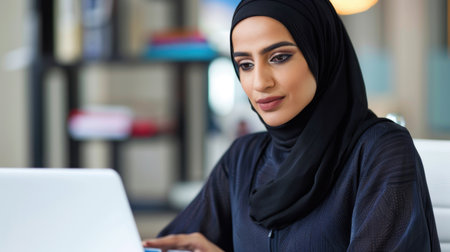 A confident young woman in a black hijab works intently on her laptop in a modern office space, embodying focus and professionalism in her environment.の素材