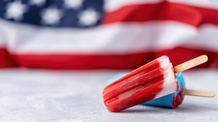 A vibrant and inviting image of red, white, and blue popsicles set against a backdrop of the American flag, perfect for summer celebrations and patriotic events.の素材