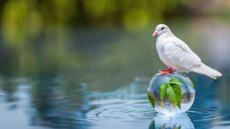 A serene white bird elegantly perches on a round glass sphere adorned with green leaves, surrounded by tranquil water, reflecting nature's serene beauty.の素材