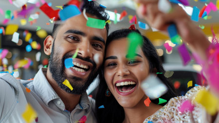 A joyful young couple captures a cheerful selfie, surrounded by colorful confetti during a lively celebration, radiating happiness and excitement.の素材