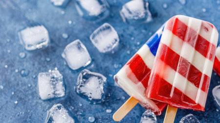 Bright and colorful red, white, and blue popsicles surrounded by ice cubes on a blue background, perfect for summer celebrations and festive gatherings.の素材