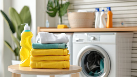A visually appealing laundry setup featuring neatly stacked soft towels in vibrant colors alongside a bright detergent bottle in a well-organized laundry room.の素材