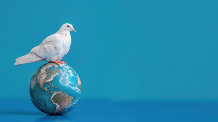 A white dove stands gracefully atop a globe, representing peace and global unity against a soothing blue background. This image conveys tranquility and harmony.の素材
