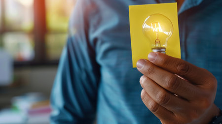 A person's hand holds a glowing light bulb against a yellow sticky note, symbolizing innovation and the spark of creativity in a vibrant workspace.の素材