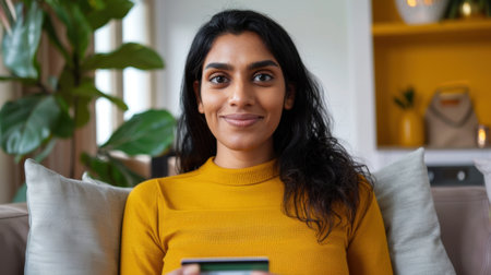 A young woman with a warm smile sits comfortably on a couch, wearing a vibrant yellow sweater. The bright living room features lush plants, showcasing a cozy and modern atmosphere.の素材