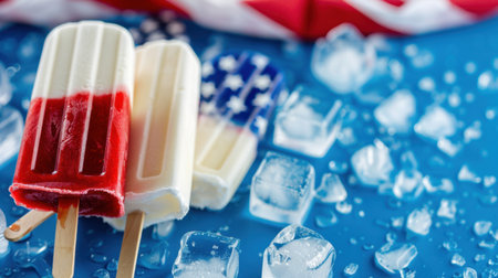 Vibrant popsicles in red, white, and blue colors rest on ice, symbolizing summer festivities and the spirit of independence. Perfect for celebrations!の素材