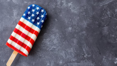 A vibrant popsicle designed with the American flag sits on a textured gray stone background, perfect for summer celebrations and national holidays.の素材