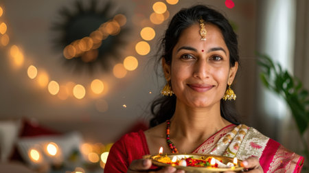 A smiling woman dressed in traditional attire holds a diya in celebration of a vibrant festival, illuminated by beautiful decorative lights, showcasing cultural richness.の素材