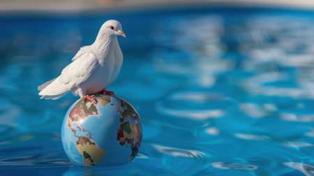 A serene white dove stands atop a globe in clear blue water, symbolizing peace and unity around the world. The scene conveys tranquility and harmony.の素材