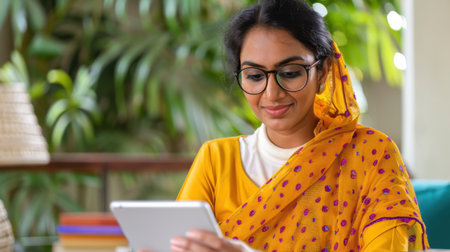 A young woman dressed in a traditional yellow outfit is seated indoors, using a tablet. She smiles while surrounded by lush greenery, blending culture with technology.の素材