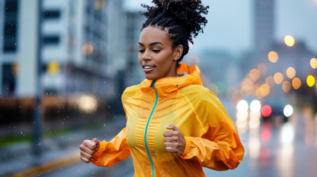 A woman jogs energetically on a rainy city street, dressed in a vibrant yellow rain jacket. The scene captures the joy of exercising outdoors despite the weather, with blurred traffic lights and reflections adding to the dynamic urban atmosphere.の素材