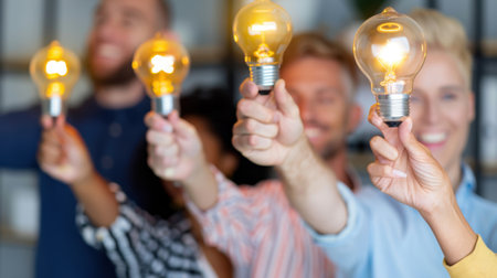 A lively group of diverse individuals joyfully holds light bulbs, symbolizing creativity and innovation in a modern studio space, enhancing teamwork and unity.の素材