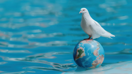 A serene scene capturing a white dove standing on a globe, symbolizing peace and unity against a vibrant blue water background, evoking feelings of tranquility.の素材