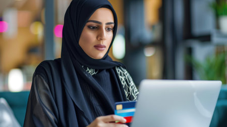 A young woman in a stylish hijab sits in a modern cafe, focused on her laptop while holding a credit card, capturing the essence of online shopping.の素材