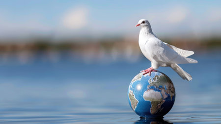 A serene image showcasing a white dove standing majestically on a globe, symbolizing peace and harmony. The tranquil water reflects a beautiful sky.の素材