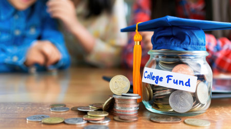 This image shows a clear jar labeled "College Fund" filled with coins and topped with a graduation cap, symbolizing the importance of saving for education.の素材