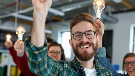 A diverse group of joyful individuals holding light bulbs in a modern office setting, symbolizing innovation and collaborative ideas in action.の素材