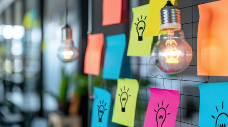 A vibrant office scene showcasing colorful sticky notes arranged creatively on a wall, accompanied by glowing light bulbs, symbolizing innovative ideas and collaboration.の素材