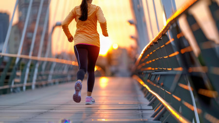 A runner in an orange jacket strides confidently across a bridge during a stunning sunset, embodying the spirit of active living and healthy choices.の素材