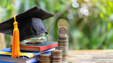 A graduation cap rests on a stack of colorful books alongside coins, symbolizing the importance of financial education and savings for future success.の素材
