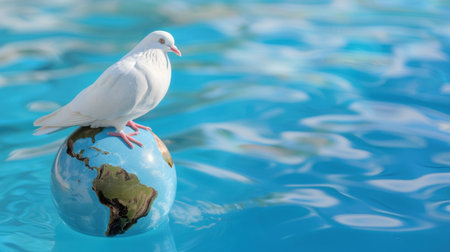 A serene white dove stands gracefully on a small globe representing Earth, set against a peaceful blue water background, symbolizing peace and harmony.の素材