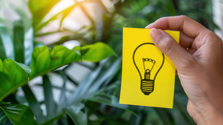 A hand holds a sticky note featuring a light bulb sketch against a backdrop of vibrant green plants, symbolizing creativity and fresh ideas.の素材