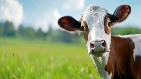 This image features a close-up of a curious brown and white cow standing in a vibrant green field, showcasing its gentle expression against a bright blue sky.の素材