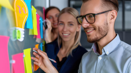 A group of professionals engages in a lively brainstorming session using colorful sticky notes in a modern office, showcasing teamwork and creativity.の素材