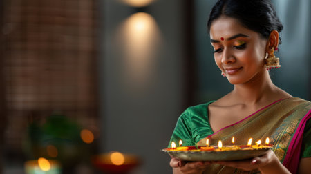 A beautiful woman wearing traditional attire holds a plate adorned with oil lamps, capturing the essence of joy and spirituality during a festive celebration at home.の素材