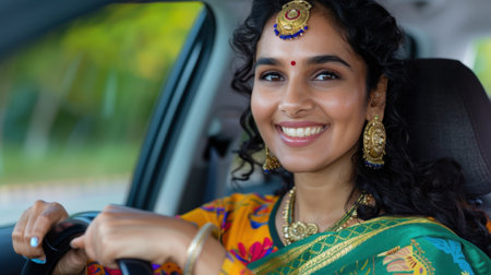 A joyful young woman in traditional Indian attire sits in a car, showcasing her vibrant culture and bright smile while embodying happiness and confidence.の素材