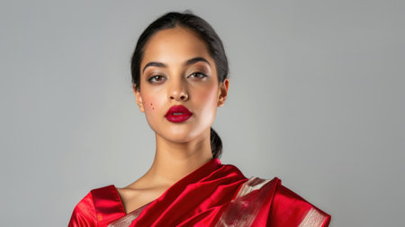 Captivating portrait of a graceful woman adorned in a striking red saree. Her bold red lipstick and elegant expression enhance her beauty against a simple backdrop.の素材