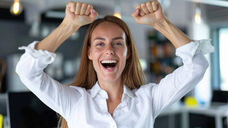 A joyful woman with long hair expresses excitement in a modern office setting, celebrating a personal achievement with a wide smile and raised hands.の素材