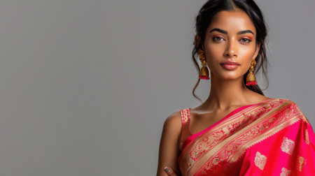 A stunning portrait of a woman adorned in a pink saree featuring intricate gold embroidery, showcasing elegance and cultural beauty in a modern context.の素材