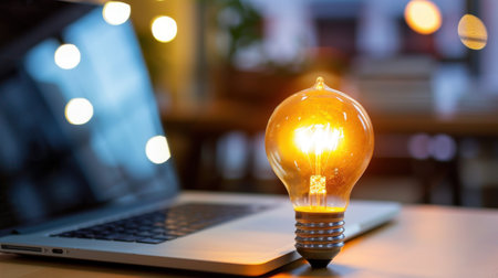 A close-up of a bright light bulb glowing beside a modern laptop on a wooden table, creating a warm and inspiring workspace atmosphere.の素材