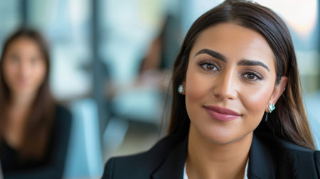 A poised professional woman smiles confidently in a modern office setting, embodying empowerment and teamwork while a colleague is present in the background.の素材