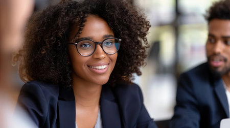 A confident businesswoman smiles while engaged in a collaborative meeting with colleagues in a modern office setting, showcasing teamwork and professionalism.の素材