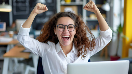 A joyful young woman celebrates a significant achievement in a modern workspace. With enthusiasm and positivity, she expresses her excitement while working on a laptop.の素材